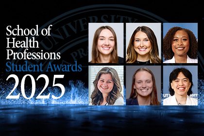 Grid of 6 headshots next to text: School of Health Professions Student Awards 2025